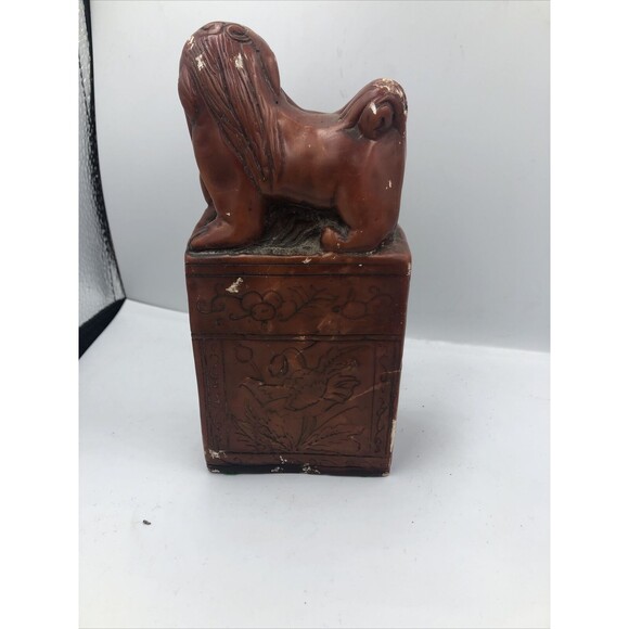 Vintage Chinese Soapstone Carved Foo Dog Library Bookend/ Brown Engraved Floral! - Picture 7 of 12